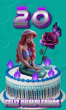 a birthday cake with a mermaid on it and the number 20 on top