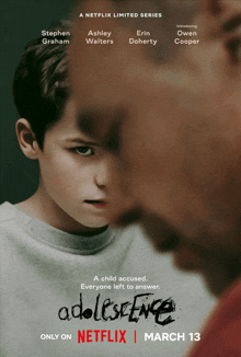 a poster for adolescence which is a netflix limited series starring stephen graham and ashley walters