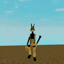 a cartoon character is standing in a field with a blue sky in the background