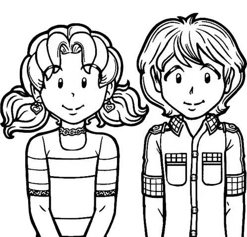 a boy and a girl are standing next to each other in a black and white drawing