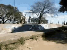 a blurry picture of people riding skateboards in a park with trees in the background