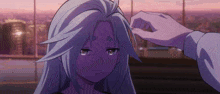 a person touching a girl 's hair with a purple background