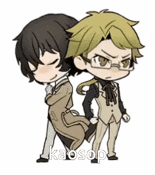 two anime characters are standing next to each other on a white background .