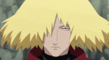 a close up of a cartoon character with yellow hair and a red jacket