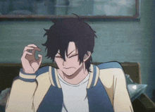 a cartoon character with black hair and a blue jacket