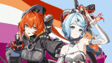 two anime girls are standing next to each other in front of a rainbow flag