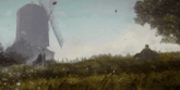 a painting of a windmill in a field with two people standing in front of it