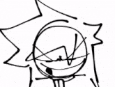 a black and white drawing of a cartoon character with a laughing face and a fist .