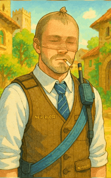 a man smoking a cigarette and wearing a vest that says neverlose