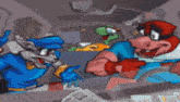 two cartoon characters are sitting at a table with a newspaper in front of them .