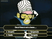 a cartoon character with a question about cheese