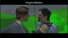 a video game screen shows a man with a beard and the words " alight motion " below him