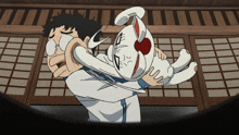 a cartoon of a man holding a white rabbit with a red nose
