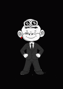a black and white cartoon of a man in a suit and tie smoking a cigarette