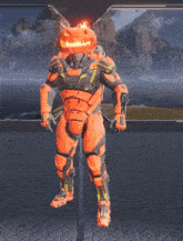 a man with a pumpkin on his head holds a sword