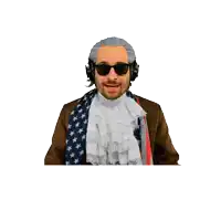 a man wearing a wig and sunglasses is smiling and wearing an american flag scarf around his neck