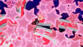 a cartoon character is surrounded by pink stars on a red white and blue background