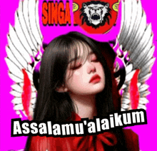 a girl with wings on her head and the words assalamu 'alaikum written on the bottom .