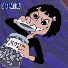 a cartoon of a girl holding a jar of moth beans