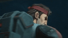 a close up of a cartoon character wearing a red headband and a helmet .