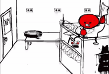 a black and white drawing of two cartoon characters sitting in a room with a sign on the wall that says xm .