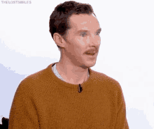 a man with a mustache is wearing a sweater and making a funny face .