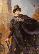 a man in a top hat and cape is holding a cane