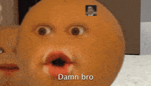 a close up of a person 's face with the words " damn bro " next to it