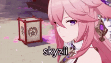 a pink haired anime girl is standing next to a lantern and says skyzii .