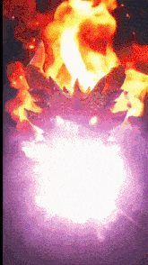 a dragon is surrounded by flames and a purple background