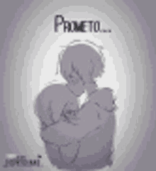 a drawing of a person sitting down with their arms around their chest and the words promeso written on the bottom .