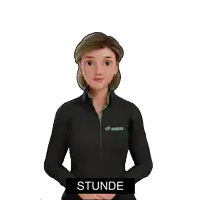 a cartoon woman wearing a simax jacket says stunde in sign language