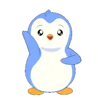 a blue and white penguin with a yellow beak is covering its face with its hand