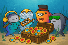 a group of fish standing around a treasure chest