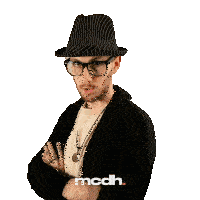 a man wearing a hat and glasses has the word mcdh on the bottom right