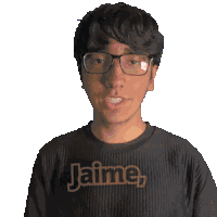 a young man wearing glasses and a black shirt that says jaime