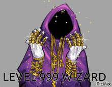 a cartoon of a wizard with a purple hood and gold chains