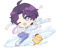 a cartoon drawing of a boy with purple hair and a duck