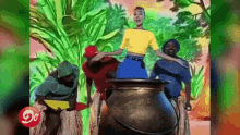 a woman in a yellow top is standing next to a pot