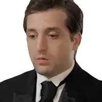 a man in a tuxedo and tie is looking at the camera