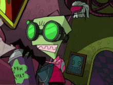 a cartoon character with green goggles stands next to a can that says germ away