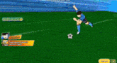 a soccer player in a blue uniform is kicking a soccer ball in a video game .