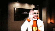 a man wearing sunglasses and a white jacket waves his hand
