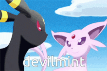 a black and pink pokemon are standing next to each other with the words devilmint written on the bottom