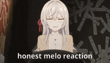a picture of a girl with the words honest melo reaction written below her