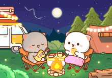 a couple of cartoon cats sitting around a campfire