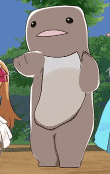 a cartoon character is standing in front of a girl in a blue dress
