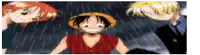 a group of anime characters standing in the rain .