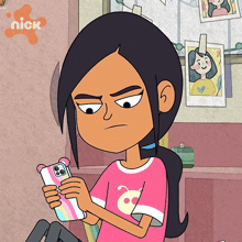 a cartoon of a girl holding a phone with the nick logo in the background