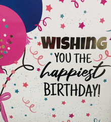 a birthday card with balloons and confetti wishing you the happiest birthday